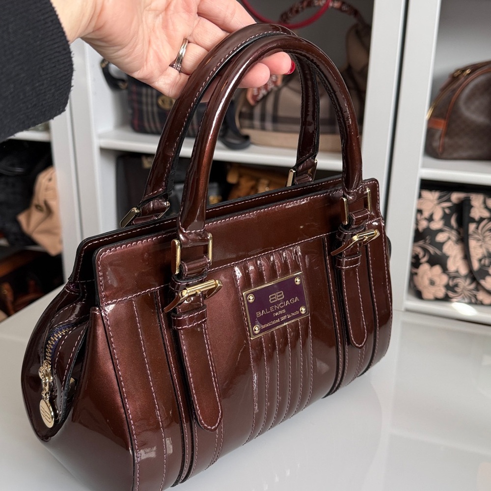 Balenciaga Monday Bowling Handbag Brown Patent Leather Satchel with COA - Picture 8 of 10